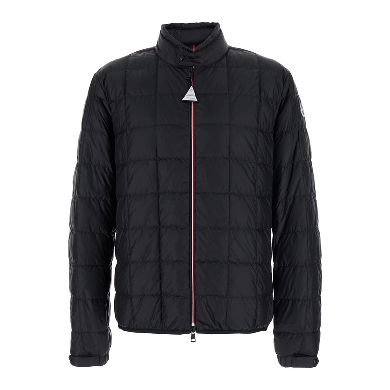 ‘Lelaches’ Black Down Jacket with Raised Collar and Logo Patch on Sleeve in Tech Fabric Man