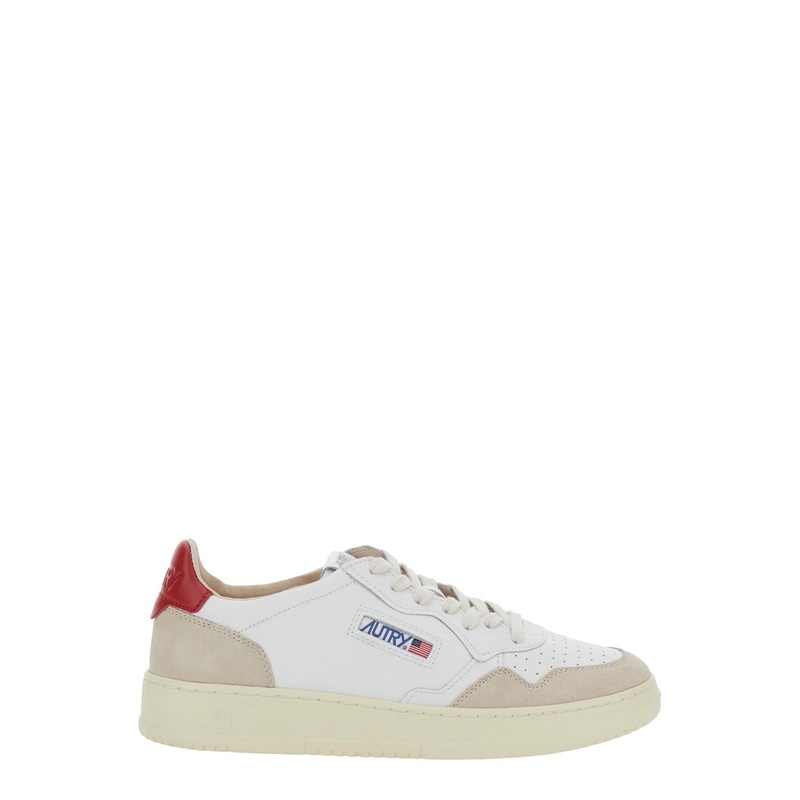 ‘Medalist Low’ White Sneakers with Navy Blue Heel Tab in Leather Man