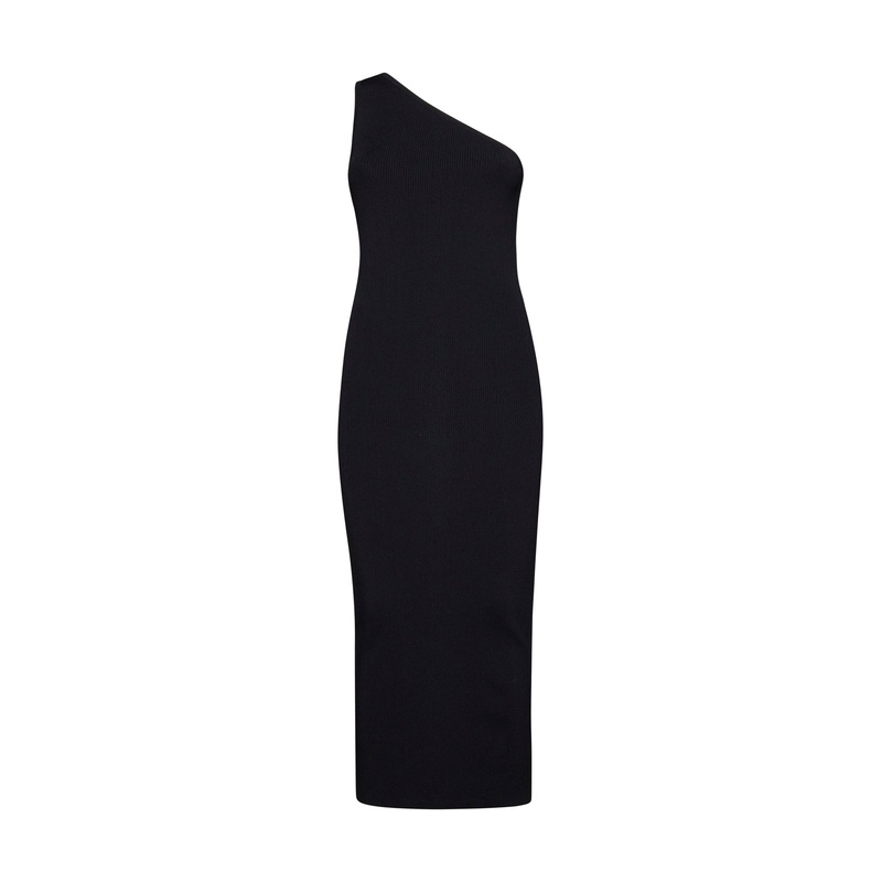 Ribbed one-shoulder dress in black – women