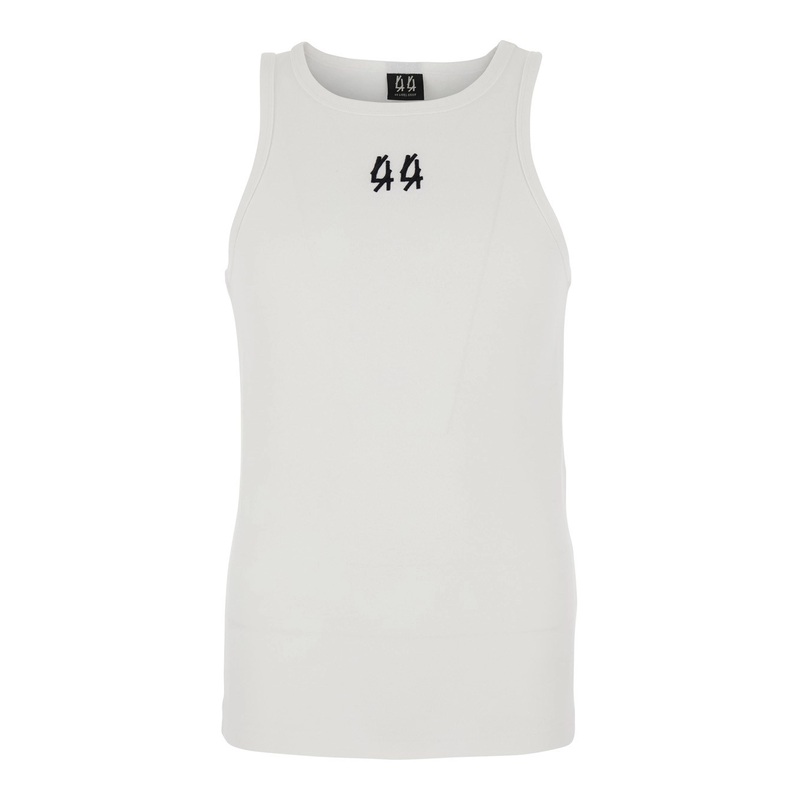 White Sleeveless Top with Round Neck and Logo Embroidery on the Front in Cotton Stretch Man