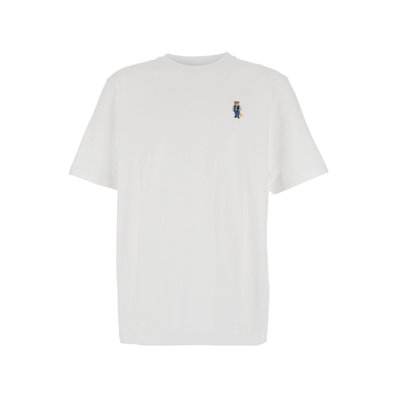 White T-Shirt with Fox Head Patch in Cotton Man