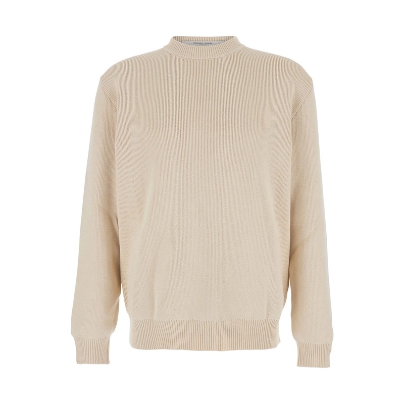 Beige Ribbed Knit Crewneck Sweater with Logo Lettering on the Rear in Cotton Stretch Man