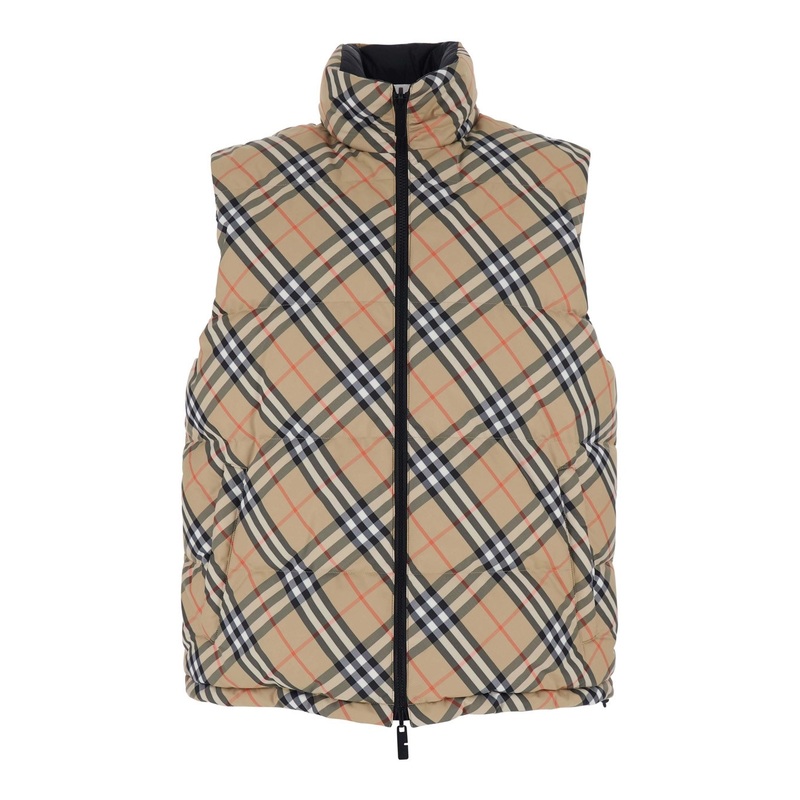 Beige Sleeveless Reversible Down Jacket with High Neck and All-Over Check Motif in Tech Fabric Man