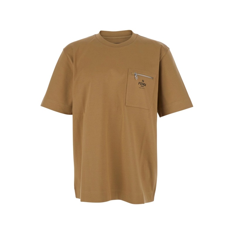Beige T-Shirt with FF Patch Pocket in Cotton Man