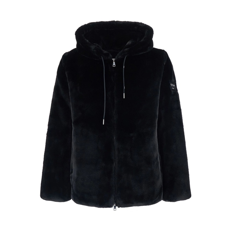 Black Hooded Jacket with Drawstring and Logo Patch on the Sleeve in Faux Fur Man