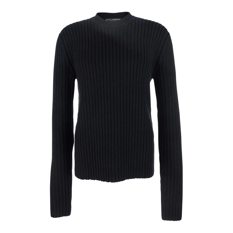 Black Ribbed Knit Crewneck Sweater with Logo Patch on the Rear in Wool Man