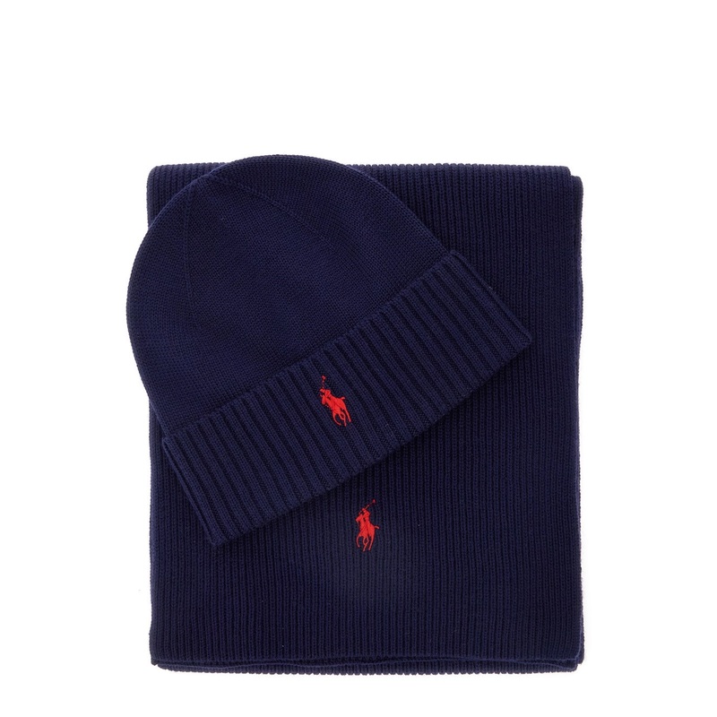 Blue Scarf and Beanie Set with Pony Embroidery on the Front in Wool Man