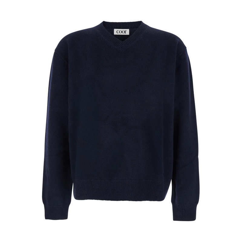 Blue Sweater with V Neck and Ribbed Trims in Wool Man