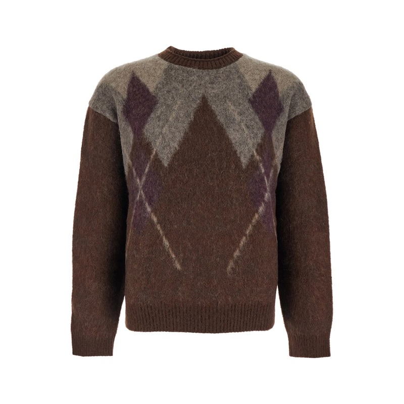 Brown Crewneck Sweater with All-Over Argyle Motif in Wool Blend Man