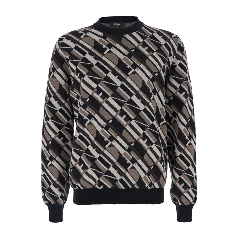 Brown Crewneck Sweater with All-Over Geometric Motif in Wool Man