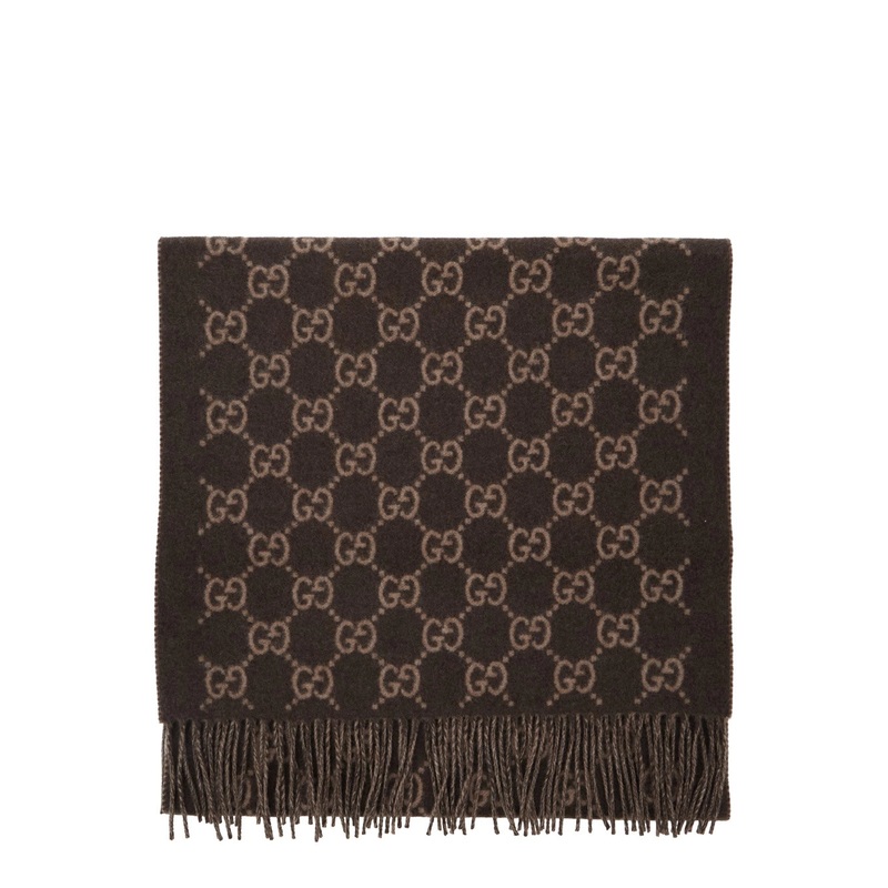 Brown Scarf with All-Over GG Motif and Fringed Hem in Cashmere Man