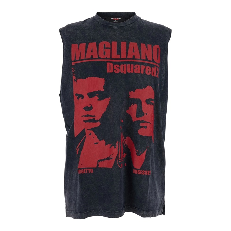 ‘D2 x Magliano’ Black Crew Neck Top with Logo Lettering and Front Print in Cotton Man