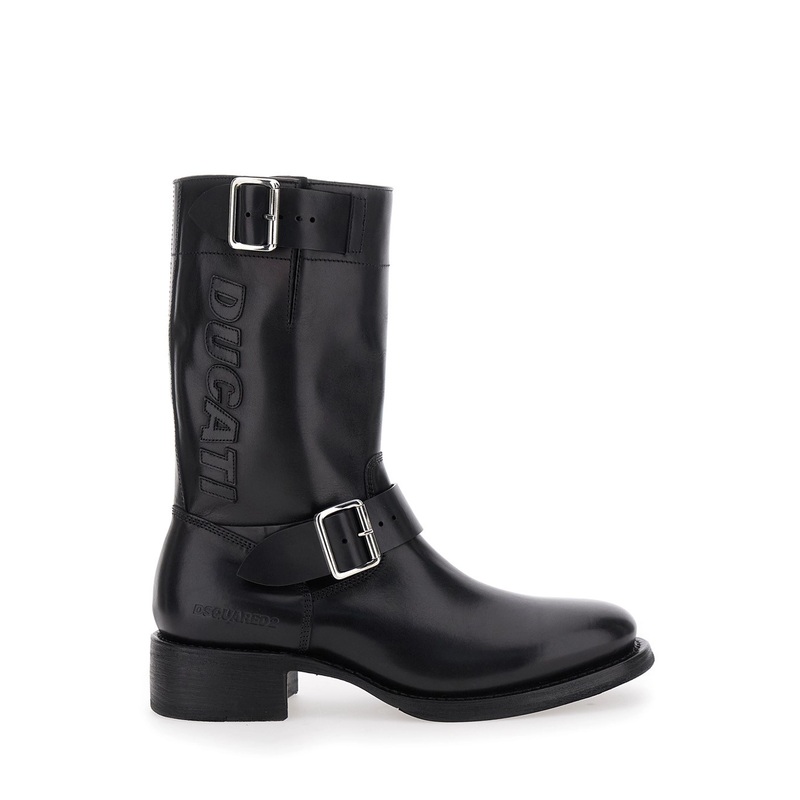 ‘Ducati x D2’ Black Ankle Boots with Side Zip Closure and Maxi Logo Lettering on the Side in Leather Man