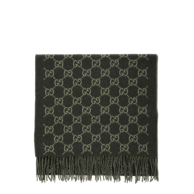 Green Scarf with Fringed Hem and GG Motif Jacquard in Cashmere Man