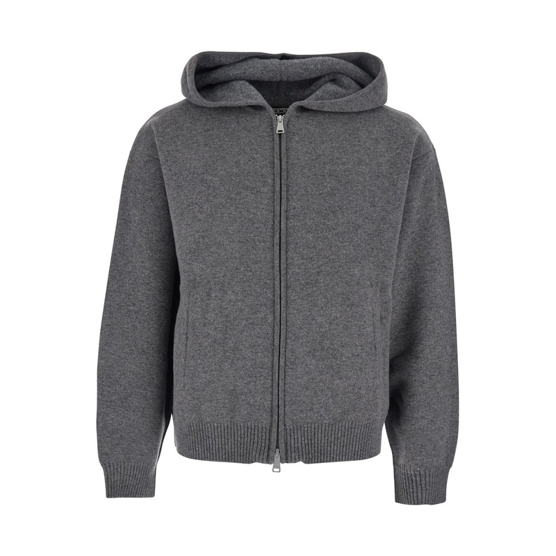 Grey Sweatshirt with Hood and Front Zip Closure in Wool and Cashmere Man
