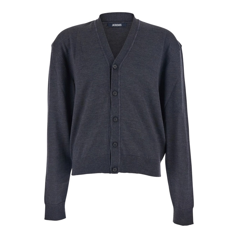 Grey V-Neck Cardigan with Logo on the Back in Cotton Man