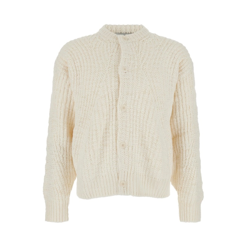 White Crewneck Cardigan with Ribbed Trims in Wool Blend Man
