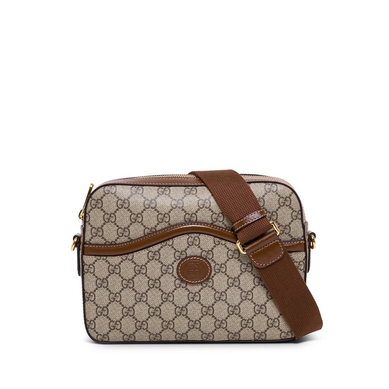 Beige Crossbody Bag with Adjustable Shoulder Strap and Logo Patch on the Front in GG Canvas Man