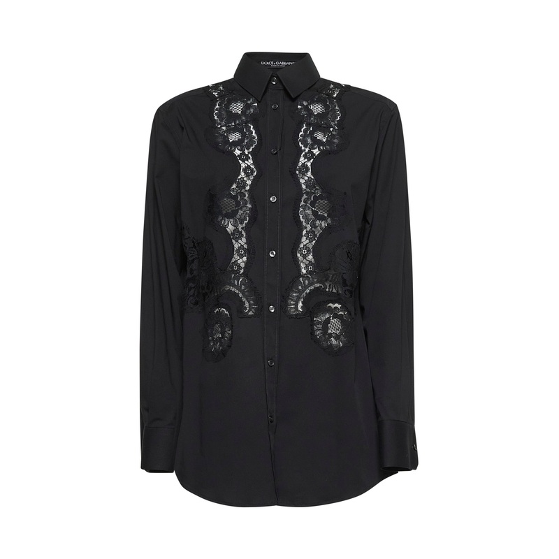 Black poplin shirt with lace intarsia