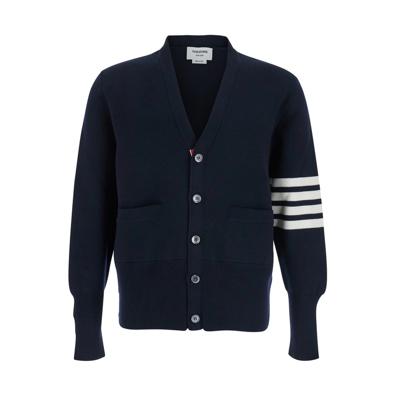 Blue Cardigan with V Neck and Striped Detail on the Sleeve in Wool Man