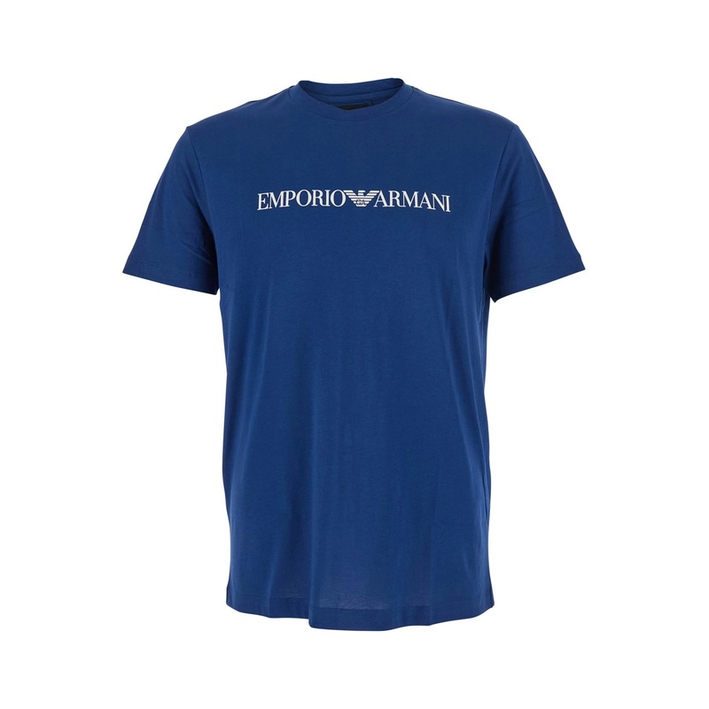 Blue Crewneck T-Shirt with Logo Lettering on the Front in Cotton Man