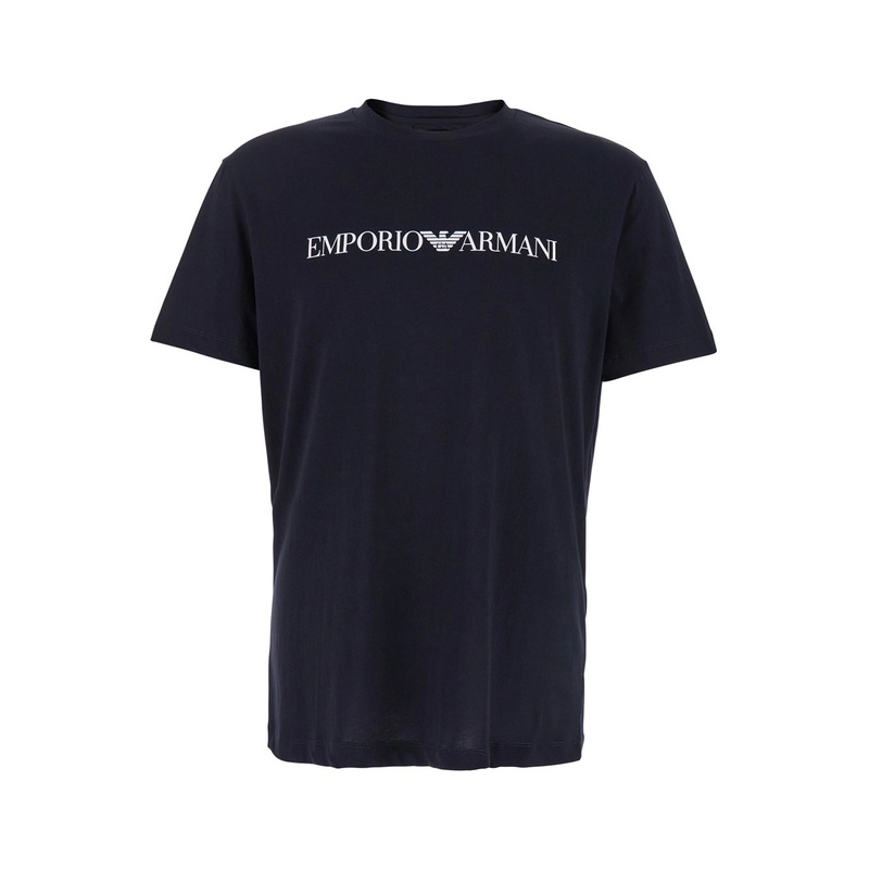 Blue T-Shirt with Contrasting Logo Lettering Print in Cotton Man