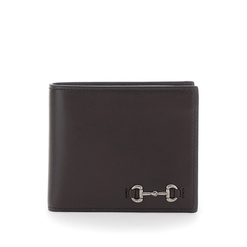 Brown Bi-Fold Wallet with Horsebit on the Front and Embossed Logo on the Inside in Leather Man