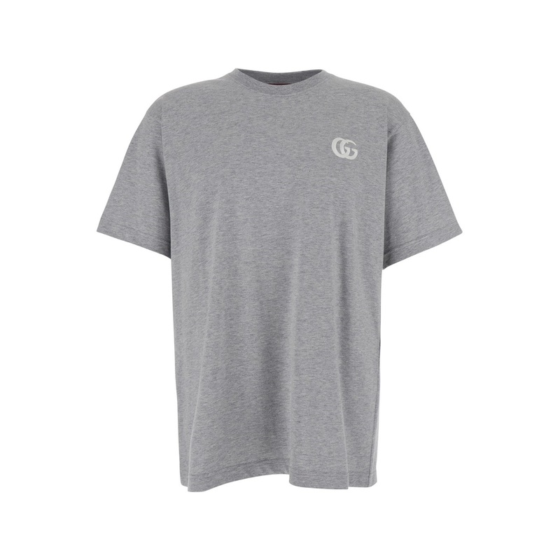 Grey Crewneck T-Shirt with Double G Embroidery on the Front in Fabric Man