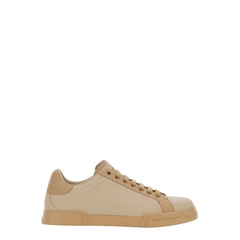 ‘Portofino’ Beige Low Top Sneakers with Logo Lettering on the Tongue and Contrasting Heel with Logo Lettering in Leather Man