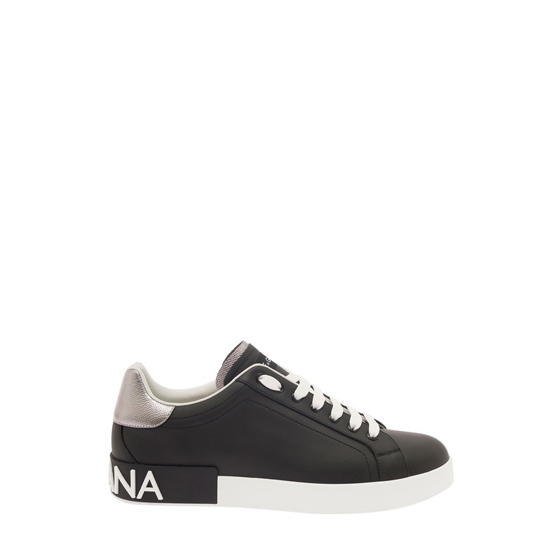 ‘Portofino’ Black Low Top Sneakers with Metal Heel Tab and Logo Patch in Leather Man