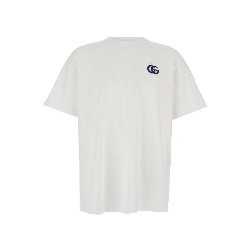 White Crewneck T-Shirt with Double G Logo Embroidery on the Front in Cotton Man