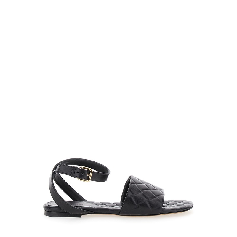‘Amy’ Black Flat Sandals with Intreccio Motif in Leather Woman