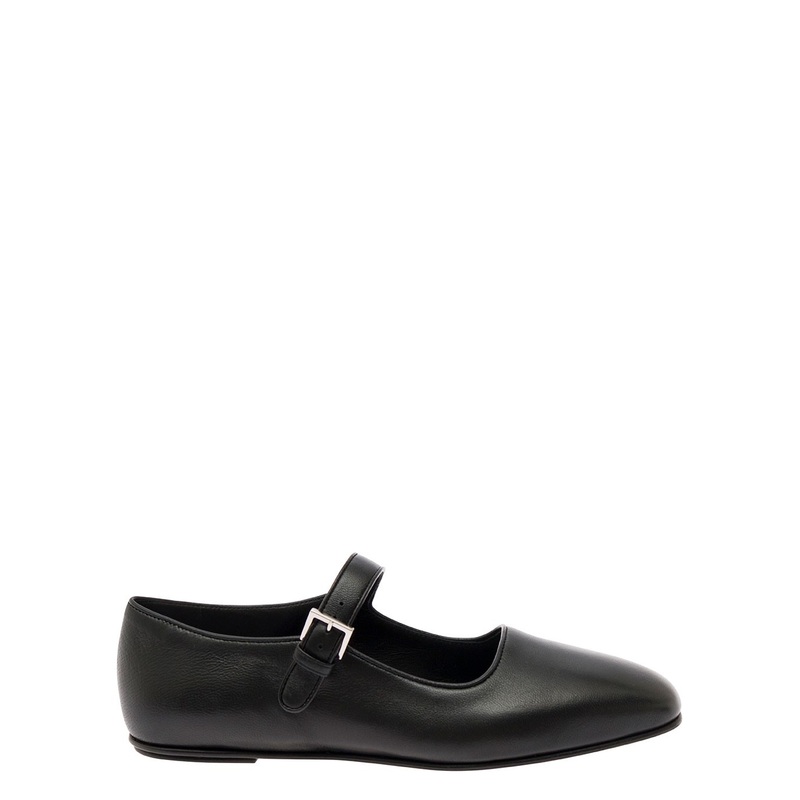 ‘Ava’ Black Ballet Flats with Straps in Smooth Leather Woman