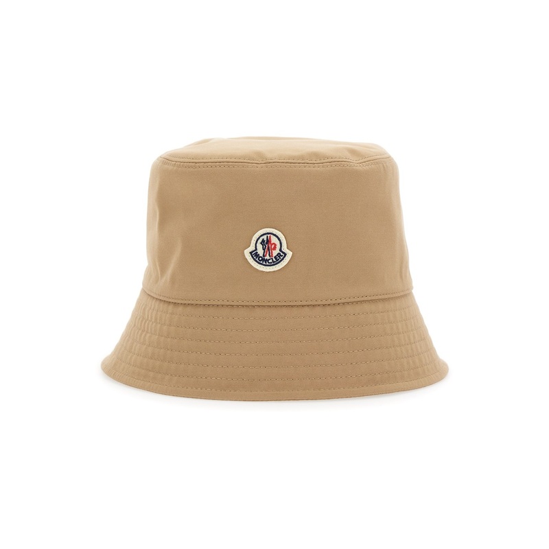 Beige Bucket Hat with Dropped Wide Brim and Logo Patch on the Front in Cotton Blend Woman