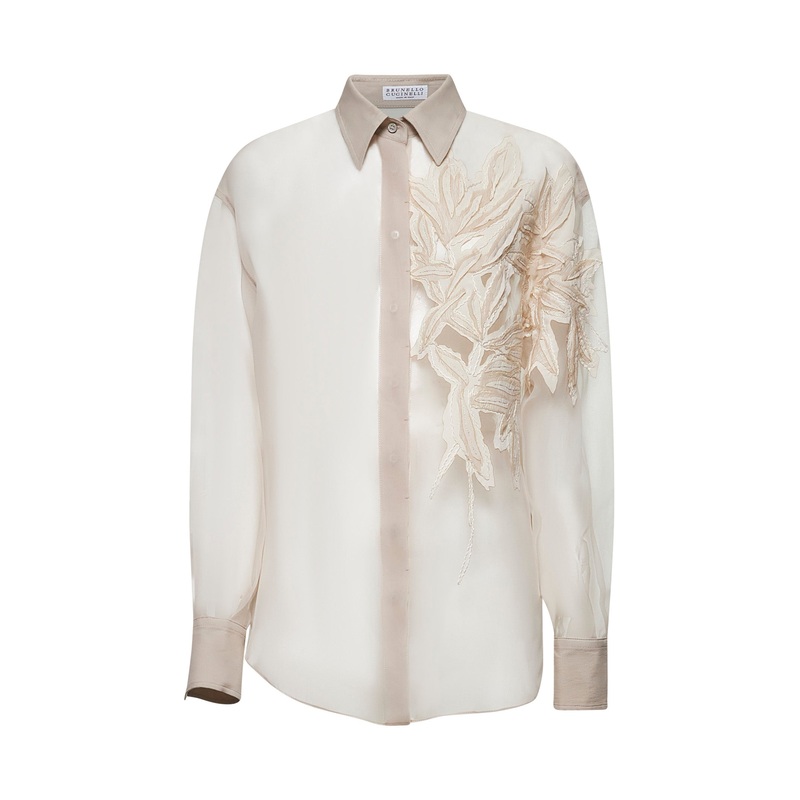 Beige Crispy silk Flora Appliqu shirt