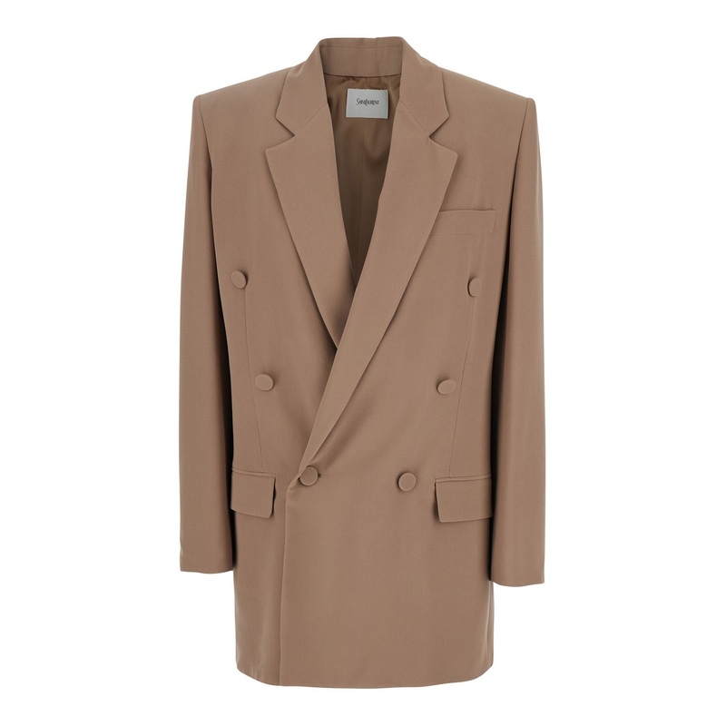 Beige Double Breasted Jacket with Classic Lapels in Silk Woman