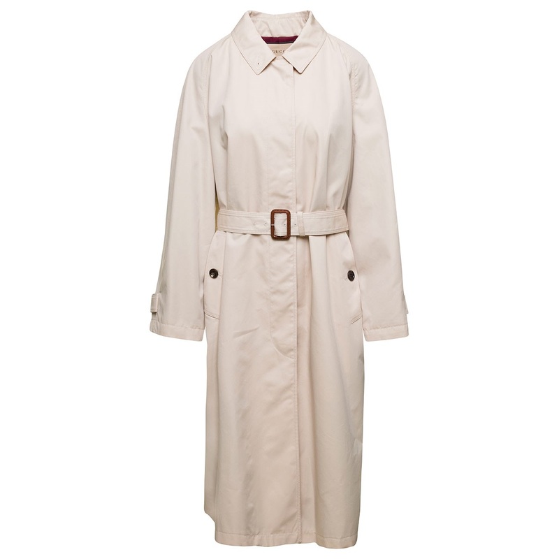 Beige Single-Breasted Trench Coat with Matching Belt in Cotton Blend Woman