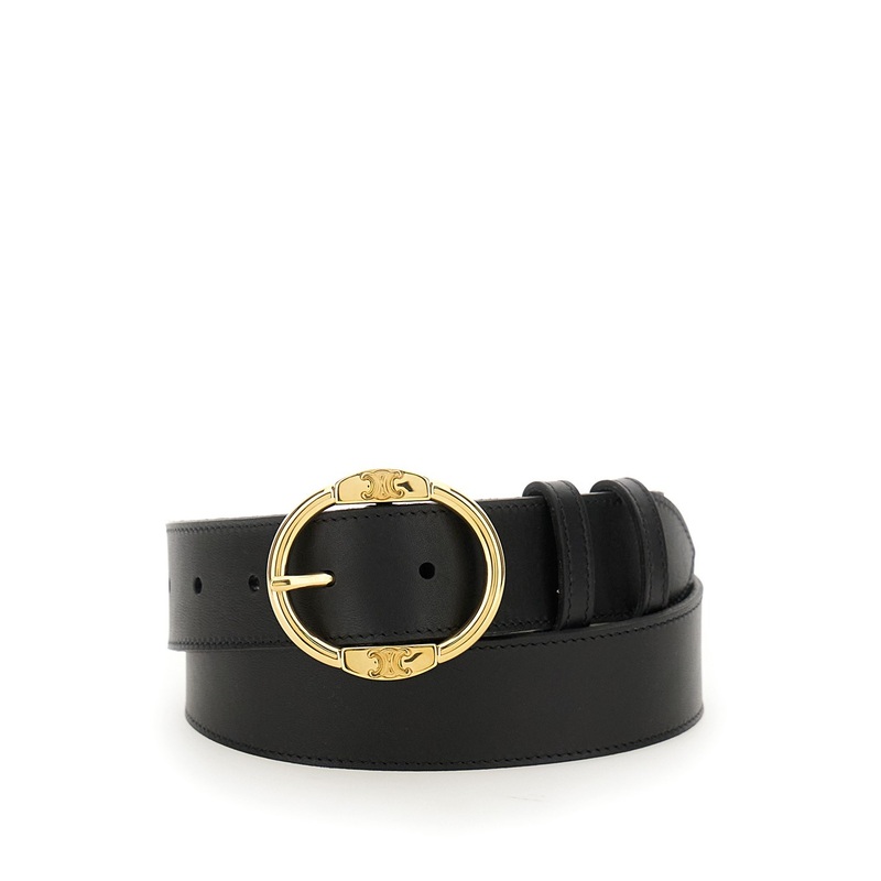 Black Belt with Round Buckle and Double Triomphe Details in Leather Woman