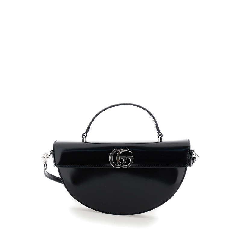 Black Half Moon Shaped Handbag with Double G Logo Plaque on the Front and Removable Shoulder Strap in Patent Leather Woman