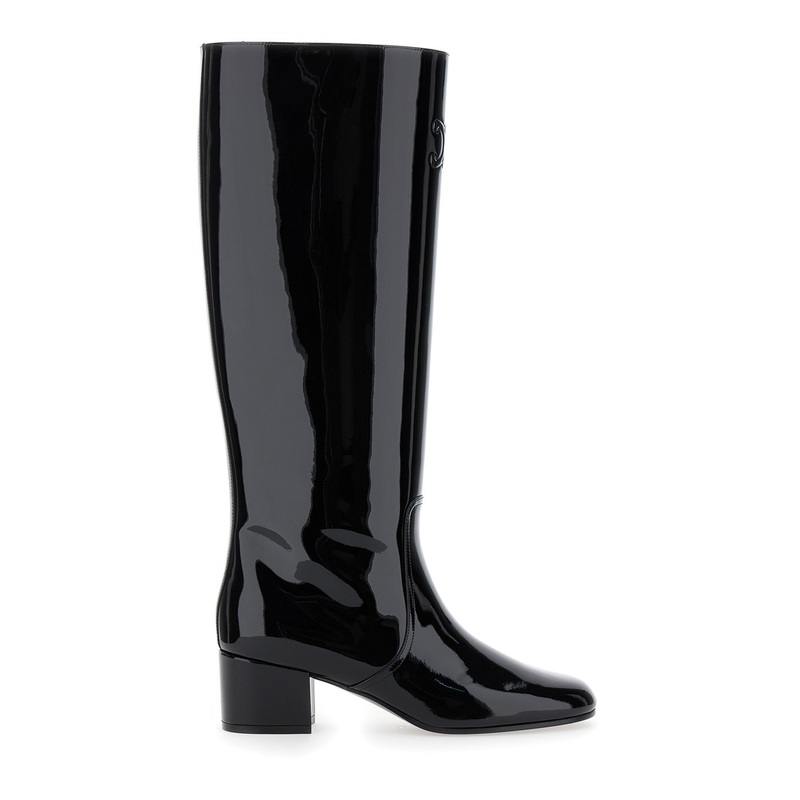 Black High Boots with Embossed Triomphe Logo in Patent Leather Woman