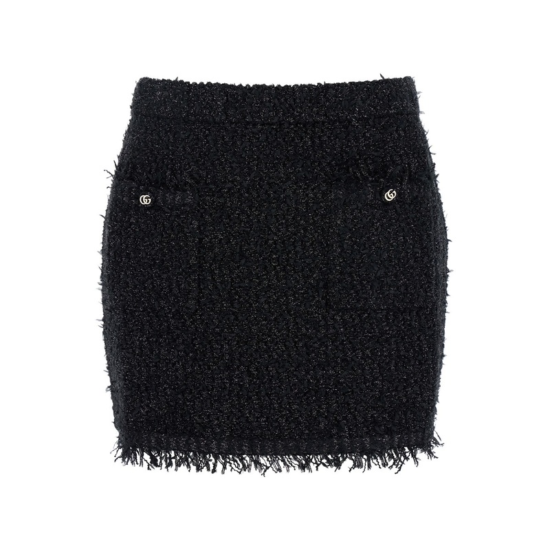 Black Skirt with GG Buttons and Fringed Hem in Tech Fabric Woman