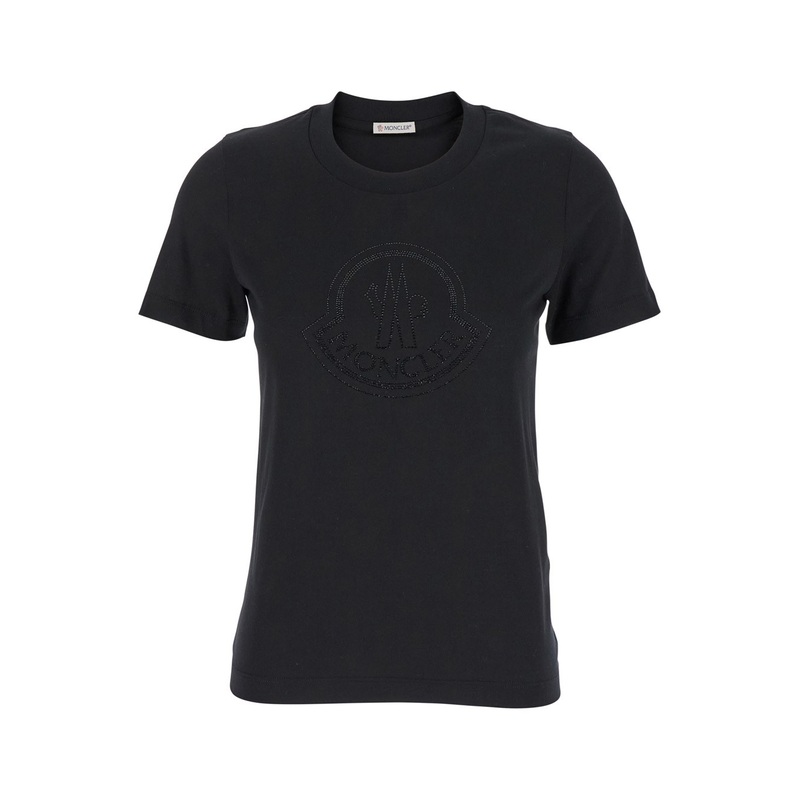 Black T-Shirt with Rhinestone Logo in Cotton Woman
