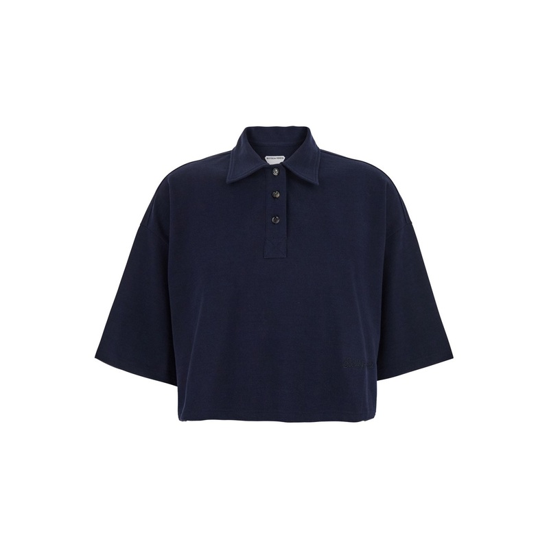 Blue Cropped Polo Shirt with Embroidered Logo in Cotton Piquet Woman