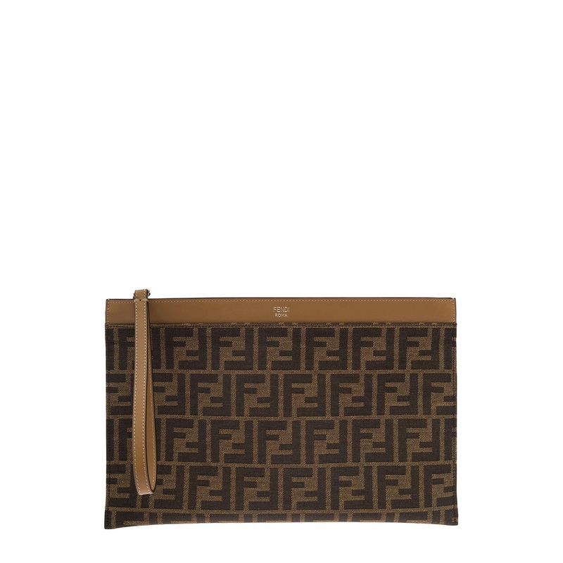 Brown Clutch with All-Over FF Motif in Fabric and Leather Man