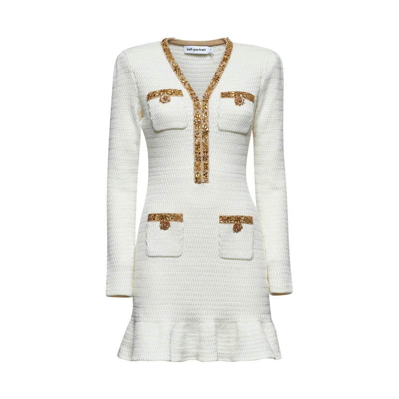 Cream knit lurex trim mini dress