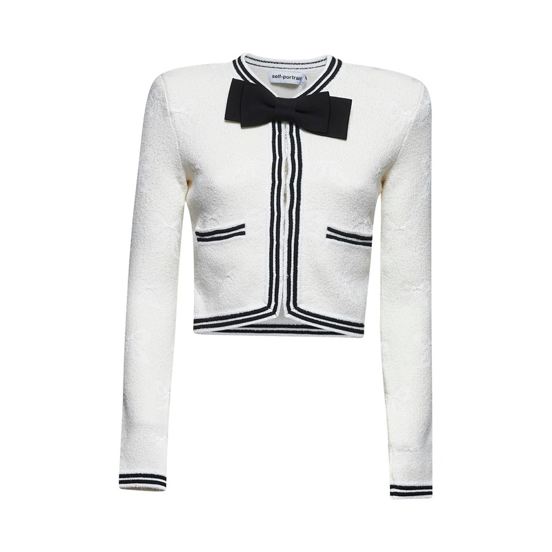Ivory bow jacquard knit cardigan