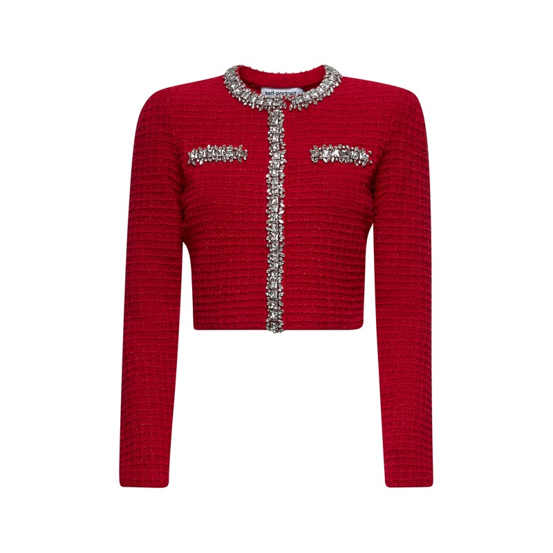 Red lurex knit embellished cardigan