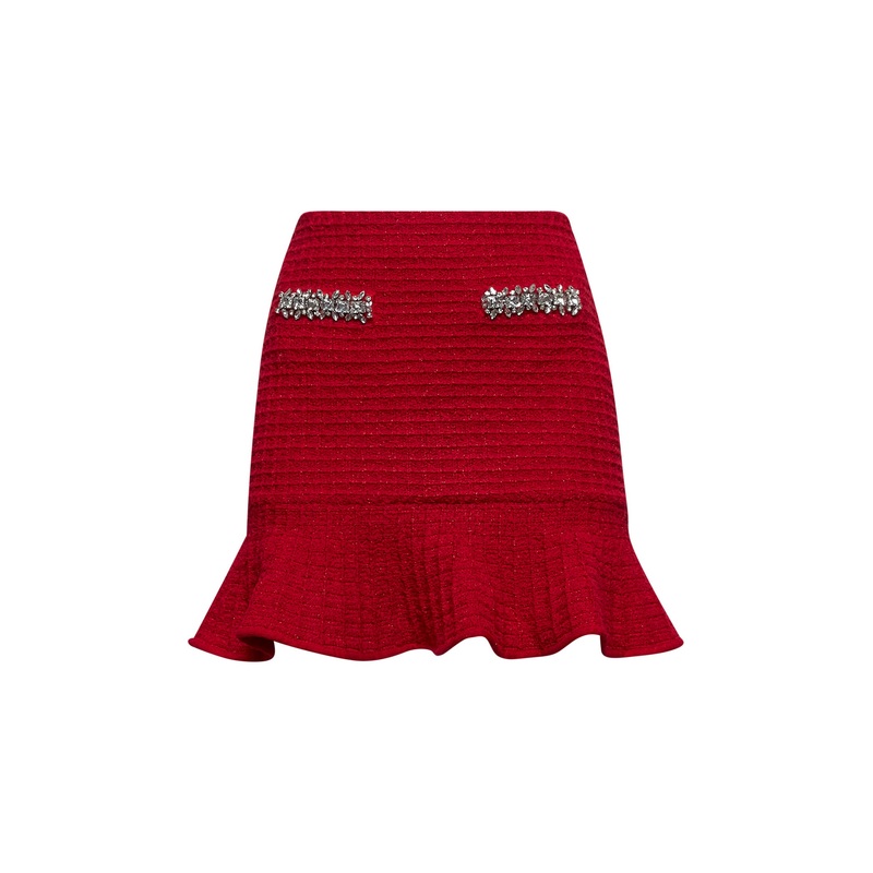 Red lurex knit embellished mini skirt