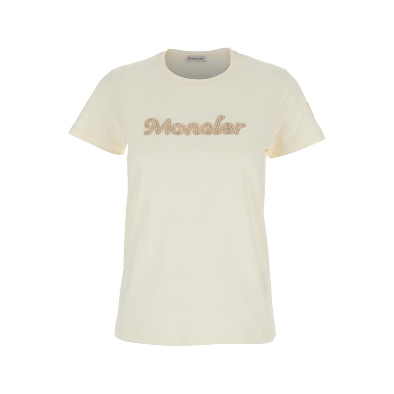 White T-Shirt with Embroidered Logo on the Front and Logo Patch on the Sleeve in Cotton Woman
