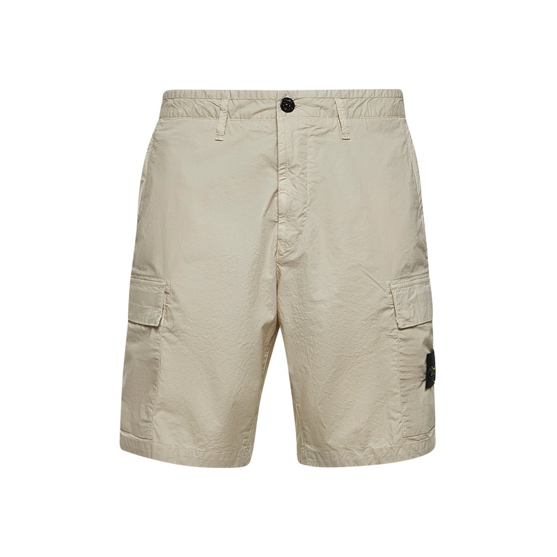 Beige stretch cotton canvas cargo Bermuda shorts